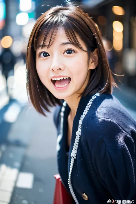 Masterpiece, 8K, high quality, high resolution, beautiful Japanese woman, 30 years old, (detailed face, detailed eyes), ((Open mouth wide, surprised face)), alone on the street, full-body photo