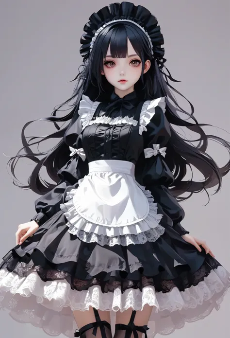 maid costume真人芭比，gothic art, maid costume, gothic girl anime girl, weird art style, maid costume, gorgeous skirt。multi-layered l...