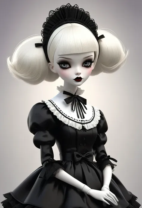 marionette，real barbie，close up of a doll wearing a black and white dress, ray caesar (ray caesar) inspired 3d rendering, polyco...