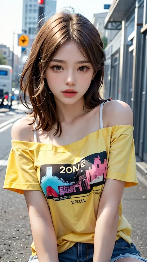 He is wearing a colorful oversized T-shirt with yellow as the main color., highest quality, masterpiece, Ultra-high resolution, (Realistic:1.4), RAW Photos, One Girl, Off the shoulder, In the Dark, Deep Shadow, Moderate, Night Alley, short hair, roadside, ...