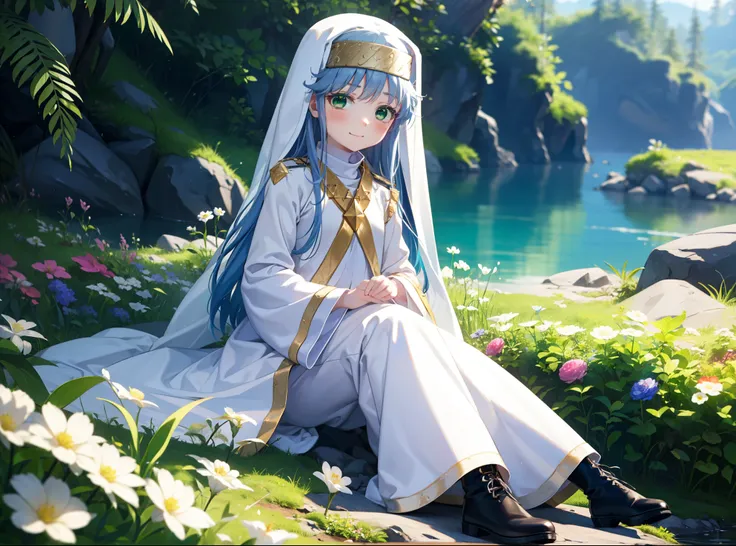 index, index, (green eyes:1.5), blue hair, long hair, (flat chest:1.2),
break habit, long sleeve, robe,白色robe,nuns,wide sleeves,...