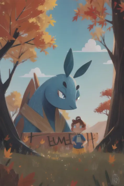 Fant, antonella Fant, blue eyes, outdoor, sign, Looking at another, from the side, Tree, Pokémon (biology), No humans, leaf, look up, eye contact, autumn leaves,Red Cliff,