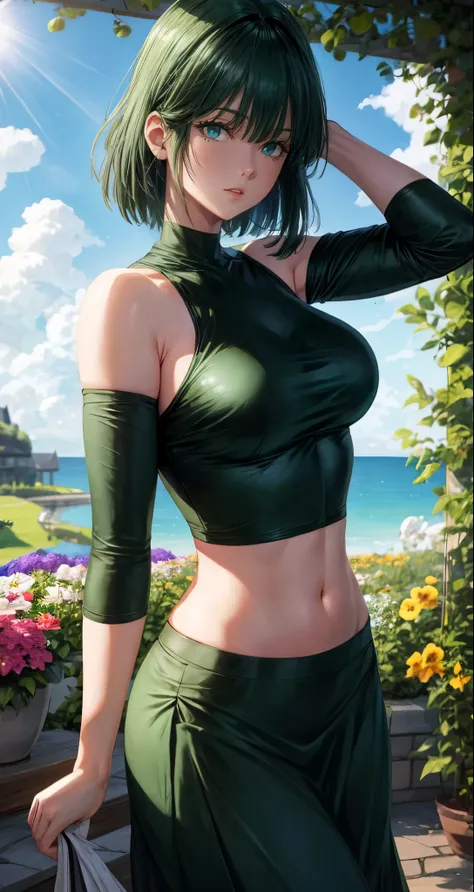 realistic, 1girl, fubuki, green hair, green eyes, big round breasts, pure white skin, shining eyes, dark green crop top, dark gr...