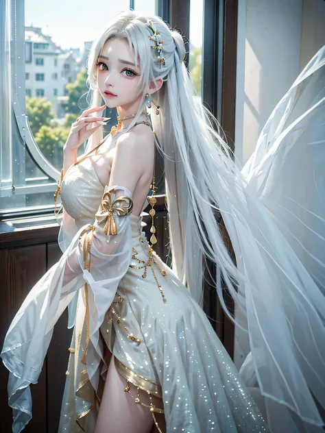 (masterpiece、highest quality、Every detail，Fantastic lighting，Shallow depth of field)(1girl,solo)(cute girl，Long dress，The dress has a loose fit，Exposing shoulders，No sleeve，Long hair with white hair、medium beautiful breasts，Beautiful cleavage，thin and whit...