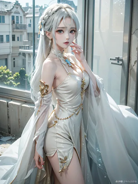 (masterpiece、highest quality、Every detail，Fantastic lighting，Shallow depth of field)(1girl,solo)(cute girl，Long dress，The dress has a loose fit，Exposing shoulders，No sleeve，Long hair with white hair、medium beautiful breasts，Beautiful cleavage，thin and whit...