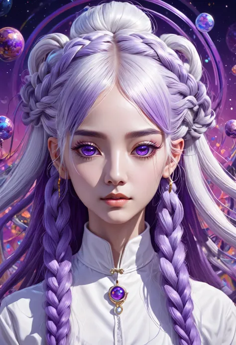 portrait of a deep psychedelic therapist, surrealism, hallucinogens, 1 girl, yinji, purple hair, purple eyes, long hair, white h...