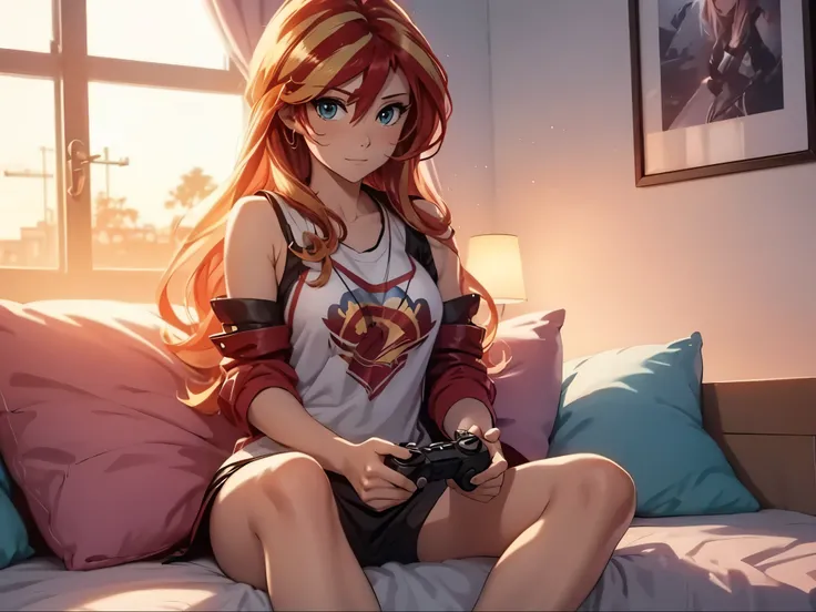 Sunset shimmer, sitting on her bed, holding a game controller, playing a video game