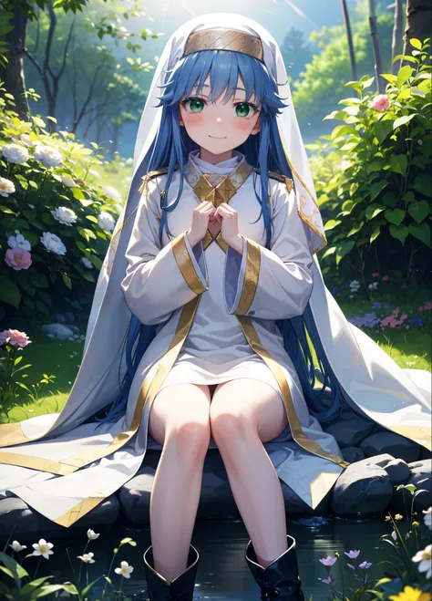 index, index, (green eyes:1.5), blue hair, long hair, (flat chest:1.2),
break habit, long sleeve, robe,白色robe,nuns,wide sleeves,...