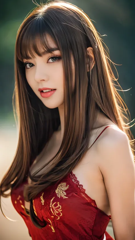 best images, (8k, raw photos, realistic), a neat and beautiful japanese woman, rainbow light brown straight hair, big, shining b...