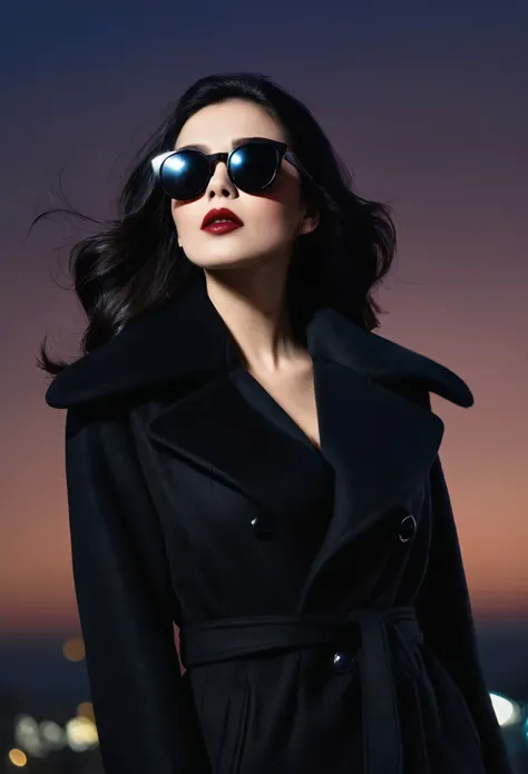 she doesn't want to be seen, big dark sunglasses, her black coat collar up and high, dark hair over her face, she's mysterious, ...