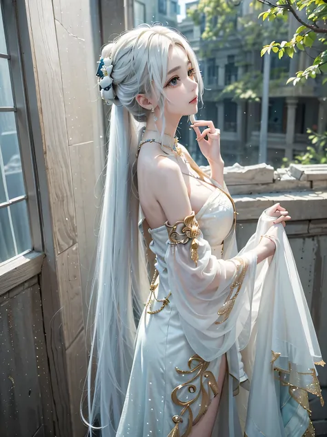 (masterpiece、highest quality、Every detail，Fantastic lighting，Shallow depth of field)(1girl,solo)(cute girl，Long dress，The dress has a loose fit，Exposing shoulders，No sleeve，Long hair with white hair、medium beautiful breasts，Beautiful cleavage，thin and whit...