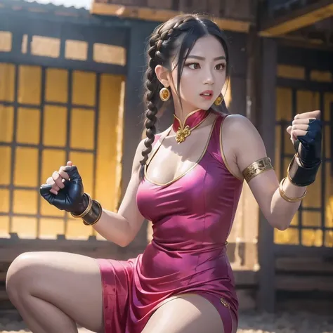 photoshoot
1girl
alternate costume（（Colorful silk clothes））
bare shoulders
black hair
blurry
bracelet
braid
﻿
brown hair
chinese clothes
chun-li
dress
earrings
（（（fighting stance）））
﻿
fingerless gloves
gloves
jewelry
lips
lipstick
long hair
makeup
medium b...