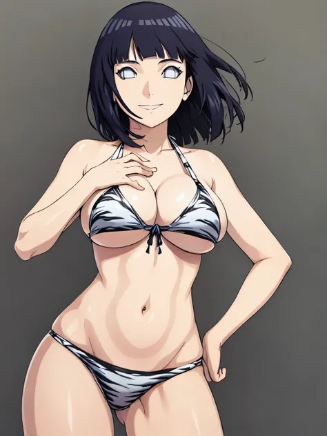 (hinata(boruto), (extremely high quality, anime, tall woman, cowboy shot, side view, (white tiger pattern bikini), off-shoulders, smile), ((hands on hips)), (medium-big breasts, cleavage), closed mouth), (posing for the viewer), pale skin, biceps, ((dark b...