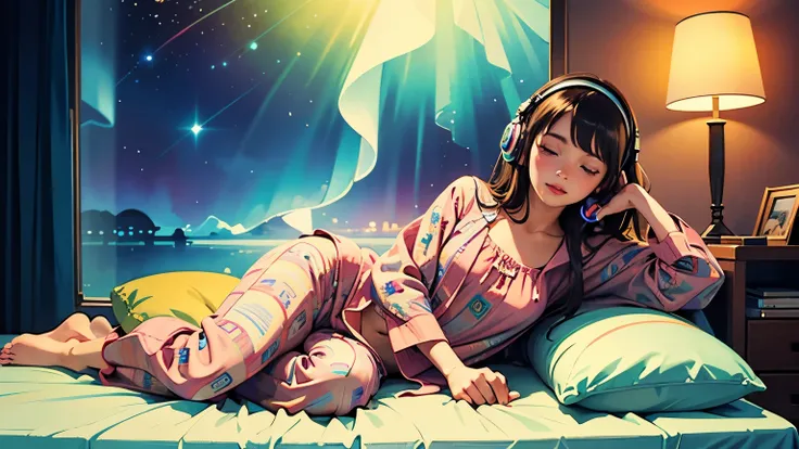 ((highest quality)), ((masterpiece)), (detailed), perfect face, european hippie girl sleeping comfortably in pajamas on the bed ...