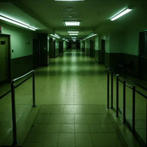 Hospital corridor, night, dark, darkness in the back, deserted 