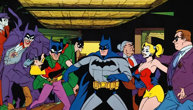 (90s cartoon, Batman the Animated series), Batman is confronting the Joker, Harley Quinn, and henchmen as he stops a robbery at a swanky .
