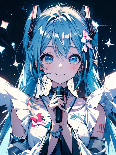 highest quality、Delicate face、Hatsune Miku、smile、Live Stage、microphone、Colorful lights