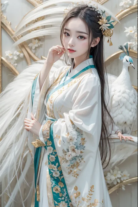 Best quality，masterpiece，16k,Artistic，Extra large animals，White peacock and beauty，Hanfu，Special effect，1girl，Dynamic poses，Looking at the camera，