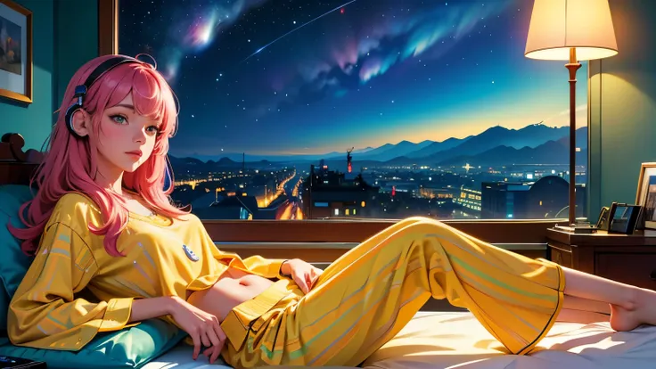 ((highest quality)), ((masterpiece)), (detailed), perfect face, european hippie girl sleeping comfortably in pajamas on the bed ...