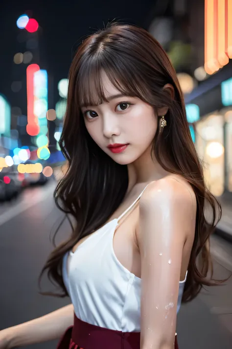 highest quality。８K-Picture。Ultra-high resolution。The background is a night city。With a girl。Long hair、Slightly wavy,,,,,,,,,,,,,,,,,,,,,,,,,,,,,,,,,,,,,,,,,,,,,,,,,,,。The color is dark brown。Glamour Style、((Big Breasts：1.8))。Wearing a red dress、Gorgeous da...