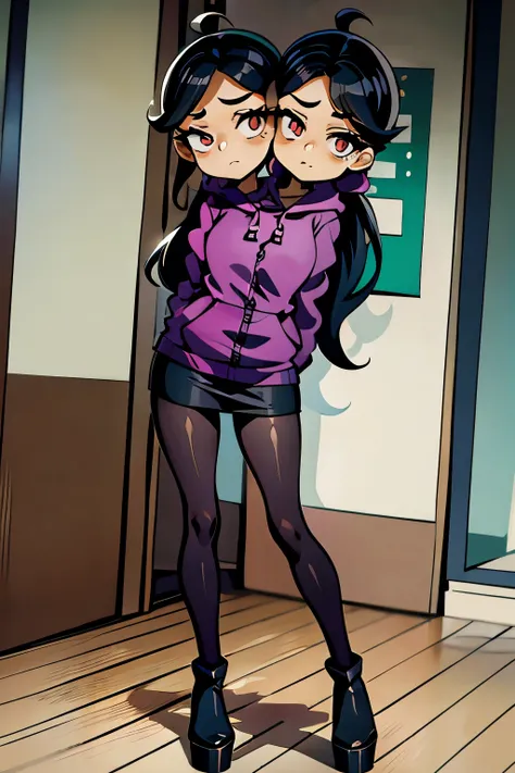 conjoined, 2heads, girl with two heads instead of one, 2head, cuerpo curvilineo, brazos curvilineos, usando shorts, ropa abrigada, piernas curvilineas, anime cartoon, using a purple hoodie, each head has a ponytail, anatomia proporcionada, torso ancho, pec...