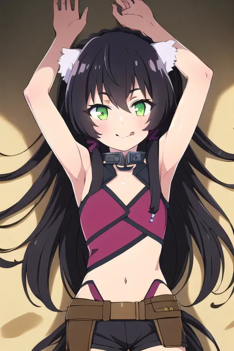 ,rem 1girl, solo, long hair, looking at viewer, bangs, shorts, black hair, navel, animal ears, hair between eyes, very long hair, sleeveless, closed mouth, green eyes, braid, sidelocks, masterpiece, best quality, ultra-high-detailed , black hair, green eye...