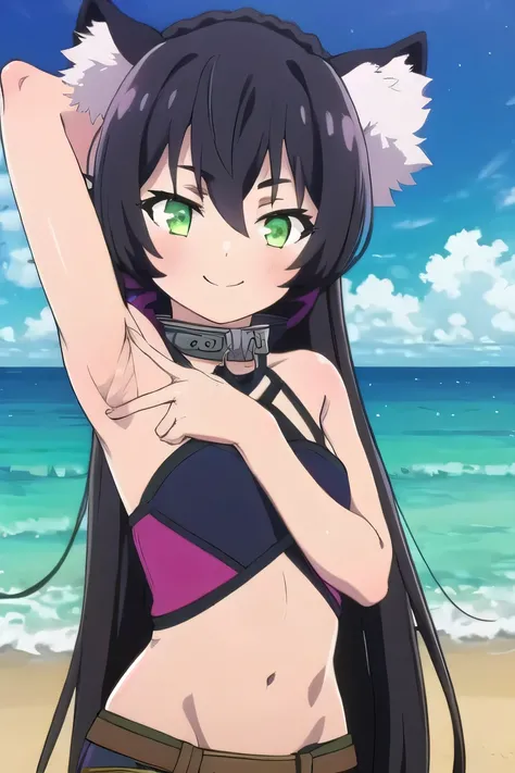 ,rem 1girl, solo, long hair, looking at viewer, bangs, shorts, black hair, navel, animal ears, hair between eyes, very long hair, sleeveless, closed mouth, green eyes, braid, sidelocks, masterpiece, best quality, ultra-high-detailed , black hair, green eye...