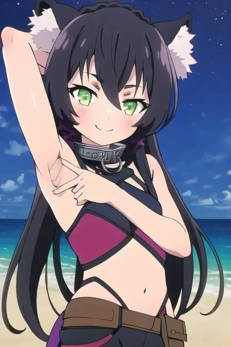 ,rem 1girl, solo, long hair, looking at viewer, bangs, shorts, black hair, navel, animal ears, hair between eyes, very long hair, sleeveless, closed mouth, green eyes, braid, sidelocks, masterpiece, best quality, ultra-high-detailed , black hair, green eye...