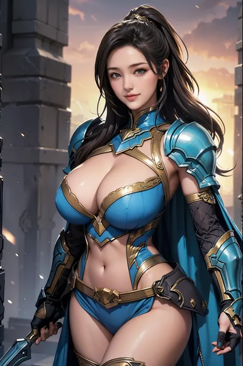 20 year old woman,soft lighting, posing,perfect face,smiling,perfect figure, random hairstyle,fancy armor,narrow shoulders,huge breasts, wide hips