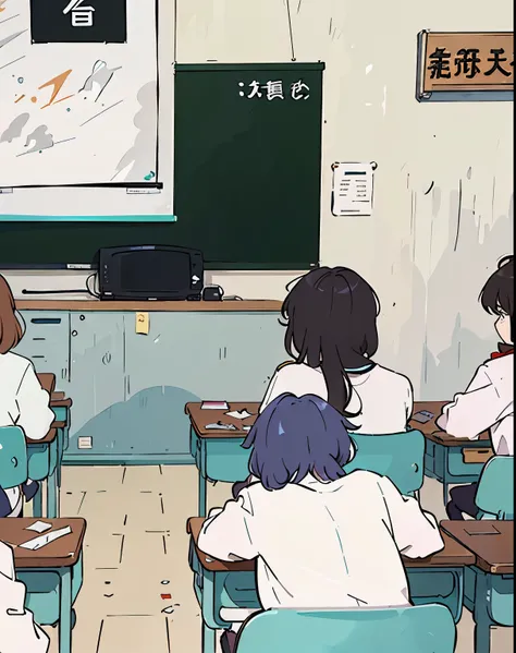 there are many people sitting at desks in a classroom, typical anime classroom, in a classroom, sitting in the classroom, classroom background, classroom, 站在classroom上, in a school classroom, school class, school classroom, classroom in background, Japanes...