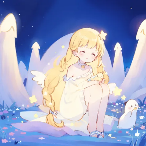 cute style, wishing star background, angel girl wearing an ethereal translucent dress that reflects the stars, magical, whimsical, fantasia, dreamy, serene composition, masterpiece, best quality, perfection, complex drawing, highly detailed, ethereal, star...