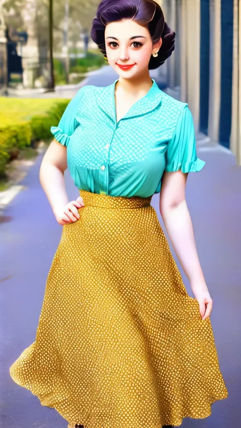 a woman in a polka dot shirt and a skirt posing for a picture, a portrait by Edward Avedisian, flickr, renaissance, wide skirts, retro and ethereal, 5 0 s style, 50s style, cream colored blouse, midi skirt, pinup style, retro 5 0 s style, retro style ”, 1 ...