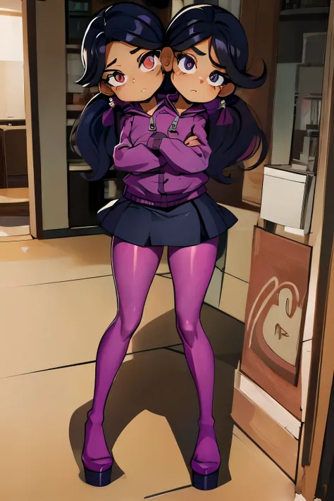 conjoined, 2heads, girl with two heads instead of one, 2head, cuerpo curvilineo, brazos curvilineos, usando shorts, ropa abrigada, piernas curvilineas, anime cartoon, using a purple hoodie, each head has a ponytail, anatomia proporcionada, torso ancho, pec...