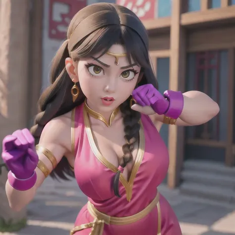 photoshoot
1girl
alternate costume（（Colorful silk clothes））
bare shoulders
black hair
blurry
bracelet
braid
﻿
brown hair
chinese clothes
chun-li
dress
earrings
（（（fighting stance）））
﻿
fingerless gloves
gloves
jewelry
lips
lipstick
long hair
makeup
medium b...