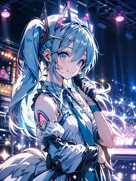 highest quality、Hatsune Miku、smile、(((Live Stage)))、microphone、Colorful lights、Upper Body