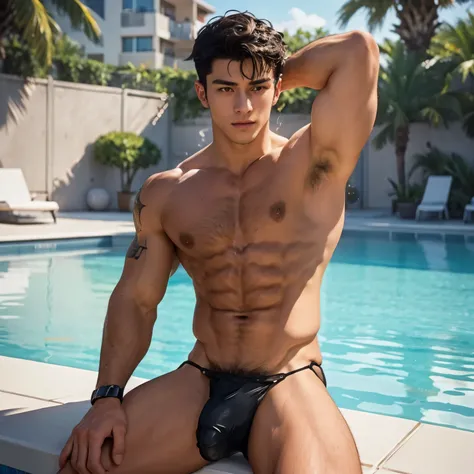 arafed man in a black thong sitting on a pool, by Adam Dario Keel, ripped, prefect body, shredded, damien tran, twink, profile pic, muscled, chiseled, lean but muscular, lean and muscular, fitness model, zac retz, damian kryzwonos, male model, super buff a...