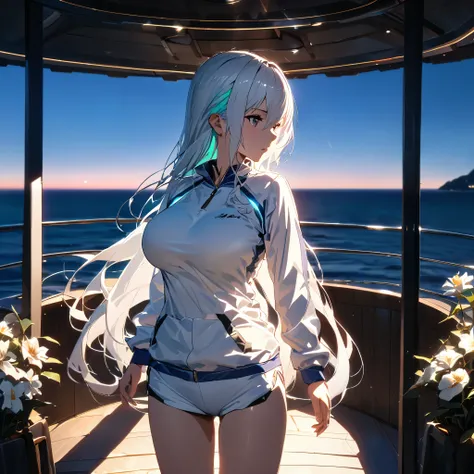 A woman wearing a white sweatshirt with light blue trim, wearing white sports shorts, white hair, long hair, multicolored hair, walking in a cabin of a luxury yacht with dim blue lighting, with a wide view of the sea, with the sky in the early evening.. bi...