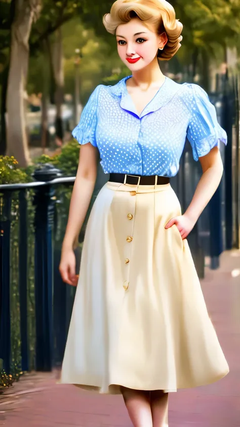 a woman in a polka dot shirt and a skirt posing for a picture, a portrait by Edward Avedisian, flickr, renaissance, wide skirts, retro and ethereal, 5 0 s style, 50s style, cream colored blouse, midi skirt, pinup style, retro 5 0 s style, retro style ”, 1 ...