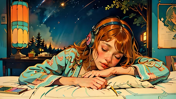 ((highest quality)), ((masterpiece)), (detailed), Perfect Face, European hippie girl sleeping comfortably in pajamas on the bed in her room, dream, Please wear headphones, , Night Light, Neon Landscape, Analog Color Theme, Lo-fi Hip Hop , retrospective exh...