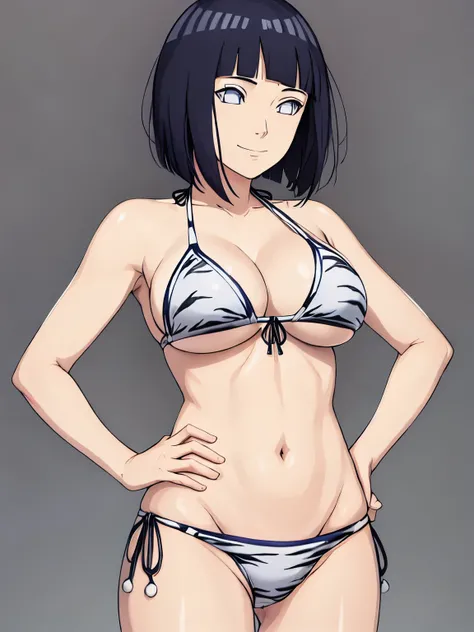 (hinata(boruto), (extremely high quality, anime, tall woman, cowboy shot, side view, (white tiger pattern bikini), off-shoulders, smile), ((hands on hips)), (medium-big breasts, cleavage), closed mouth), (posing for the viewer), pale skin, biceps, ((dark b...