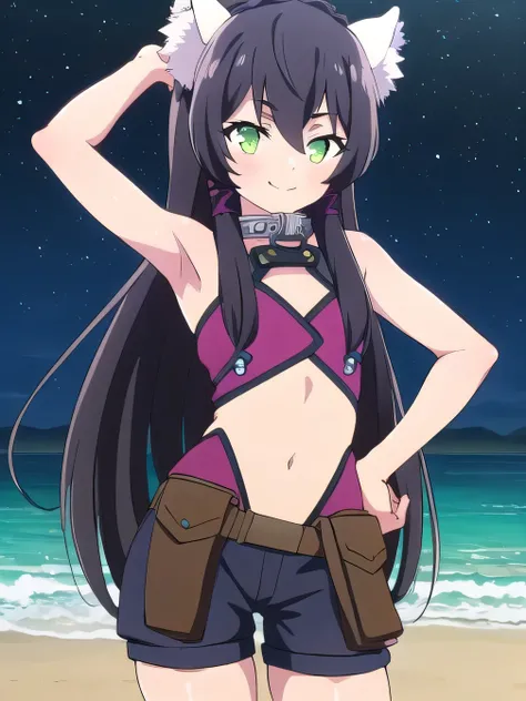 ,rem 1girl, solo, long hair, looking at viewer, bangs, shorts, black hair, navel, animal ears, hair between eyes, very long hair, sleeveless, closed mouth, green eyes, braid, sidelocks, masterpiece, best quality, ultra-high-detailed , black hair, green eye...