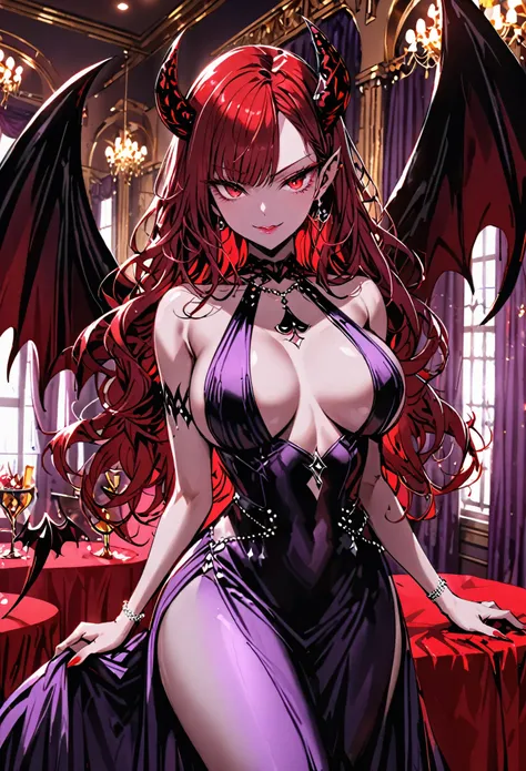 solo, female, sfw, serious pose, jewelry, medium shot, extremely attractive, flawless porcelain skin, long lustrous wavy red hair, red eyes, huge breasts, smile, seductive pose, luxurious, cocktail dress, ball room, velvet curtain, succubus, horns, demon w...