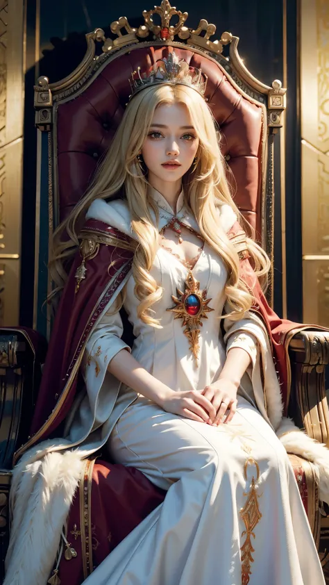 ((fractal art)), grateful girl, blonde long hairs, with white dress and red cloak, the crown in the head, sit in the throne like...