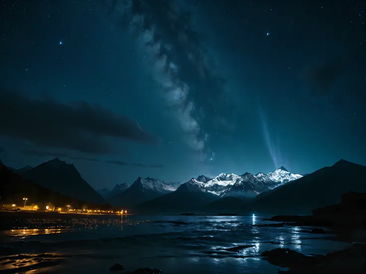 water, Sea, Dark sky, rain, Mountains, stars, Starfall, milky ways
