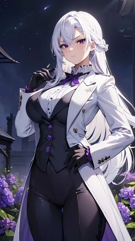 (best quality:1.3), (masterpiece:1.3), (illustration:1.3), (ultra-detailed:1.3), 1girl, solo, ((long hair, white hair, purple eye, purple flower pattern)), (((large breasts))), black pants, white suit, tailcoat, serious expression, tall, mature, elegant, b...