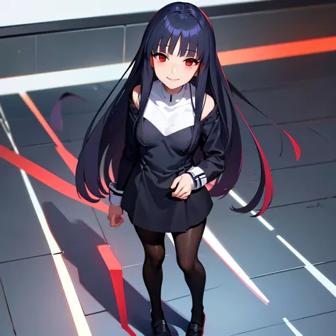 best quality: 1.0), (ultra high resolution: 1.0), anime girl, black long hair, red eyes, long sleeves, blue short dress, stand, ...