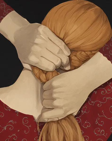 painting of a woman with a braided braid holding her hands, por Neysa McMein, hands in her hair, neto benjamin, by Barbara Balmer, Direction: Caroline Gotch, his hands are red roots, Direction: Riusuke Fukahori, por Elizabeth Charleston, Quatro maos, hands...