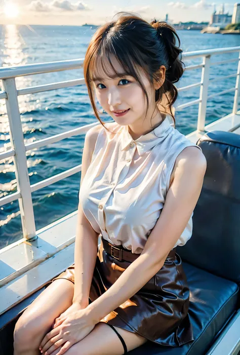 I see the Statue of Liberty、Light brown hair、Shaggy Cut、mullet hairstyle、Blue Eyed Woman、A woman with a cute upward gaze、When the sky gets dark、The sky turns red as the sun sets、Tight clothing that shows your body lines、The collar of his shirt is obscenely...