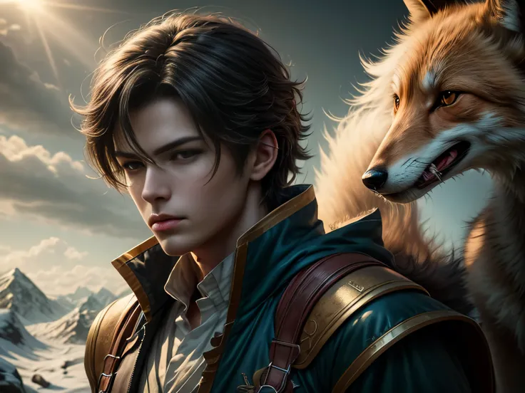 (Best Quality, 8K, Masterpiece, HDR, Soft Lighting, Picture Perfect, Realistic, Vivid), Black-haired guy with fox ears and baby fox animal lie on the snow, on the mountainside, Anime Illustrations, Beautiful Illustrations, Exquisite Digital Illustrations, ...