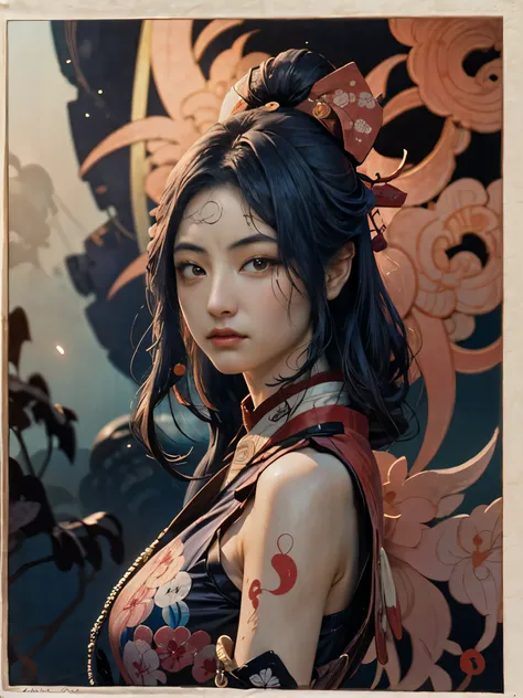 (Ukiyo-e:1.9)、woodblock print、woodblock print、otherscape、SF、Space Opera、(Beautiful woman、Soldier)、Black clouds gather、Detailed face、Beautiful Eyes、Elegant garments、Intricate floral pattern、Delicate skin、Natural light、A calming color palette、Soft Focus、mast...